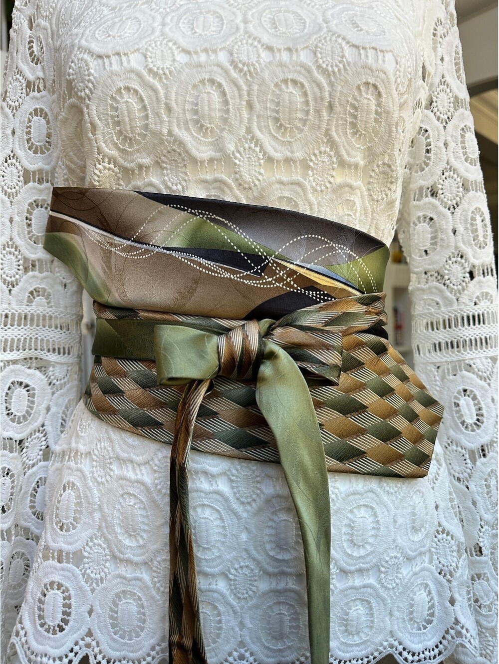 Upcycled Silk Obi Wrap Belt | Corset Waist Belt | OOAK | OS | Soft Greens & Tan
